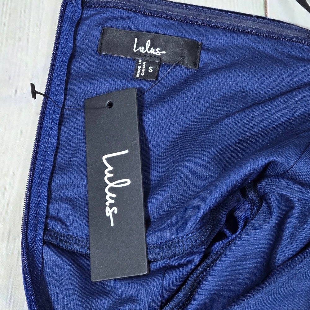 Lulus Masterfully Flirty Dark Blue Velvet Bustier Midi Dress Strapless Small - Picture 5 of 9